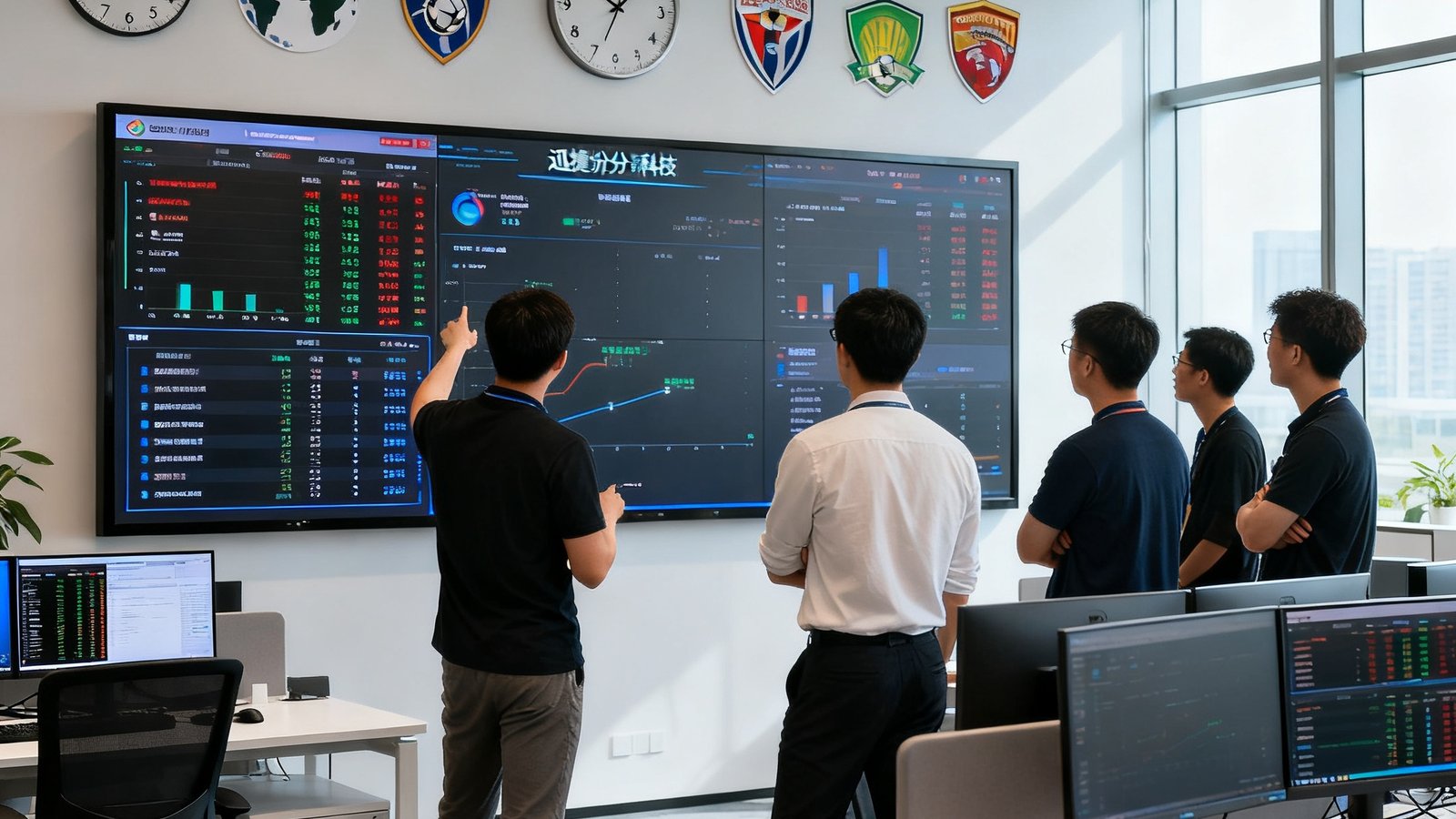 迅捷比分科技团队在开放式办公室中围绕大型数据屏幕讨论产品方案，墙上挂着全球时钟和各大联赛标志，办公桌上摆放着多台显示器